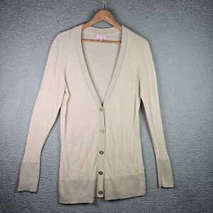 Lilly Pulitzer Gold Metallic Long Cardigan Sweater L V-Neck Logo Button Pocket